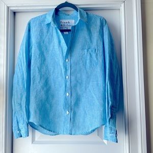 Frank and Eileen linen blouse, vibrant blue with while pinstripe, Barry S
